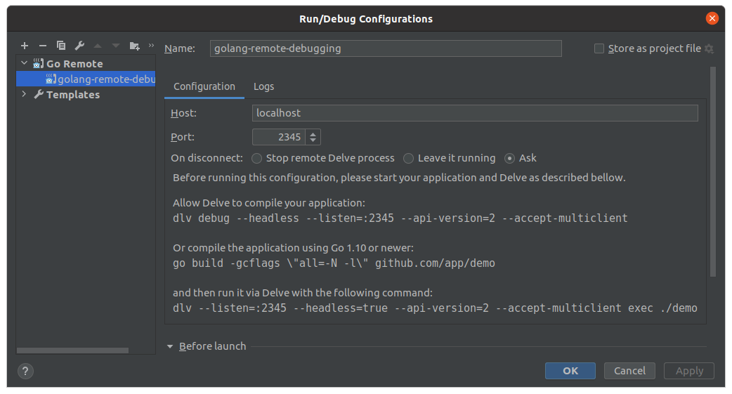 Nastavení Go remote debuggingu v Goland IDE (taktéž IntellJ IDEA)