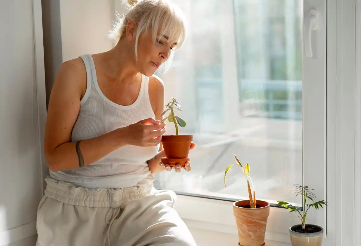 happy senior woman with houseplants window elderly home gardening