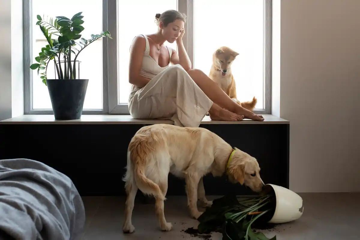 Sick dog near houseplant