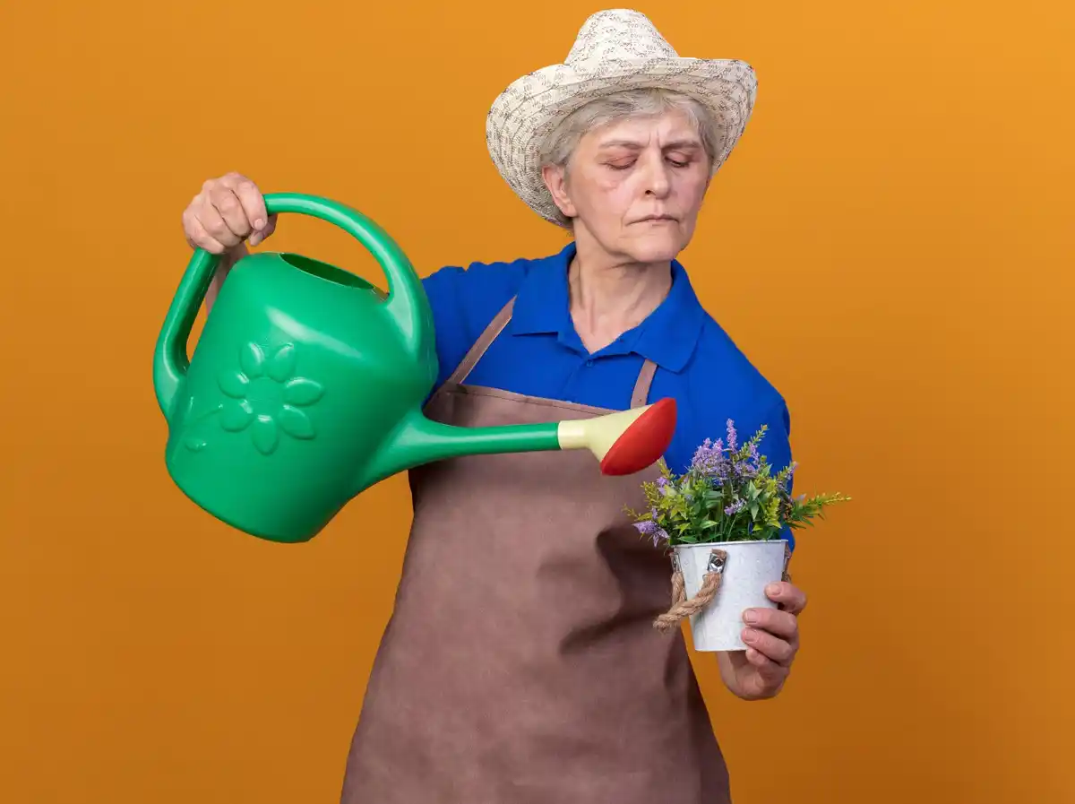 elderly woman using heavy garden tools czech republic allotment