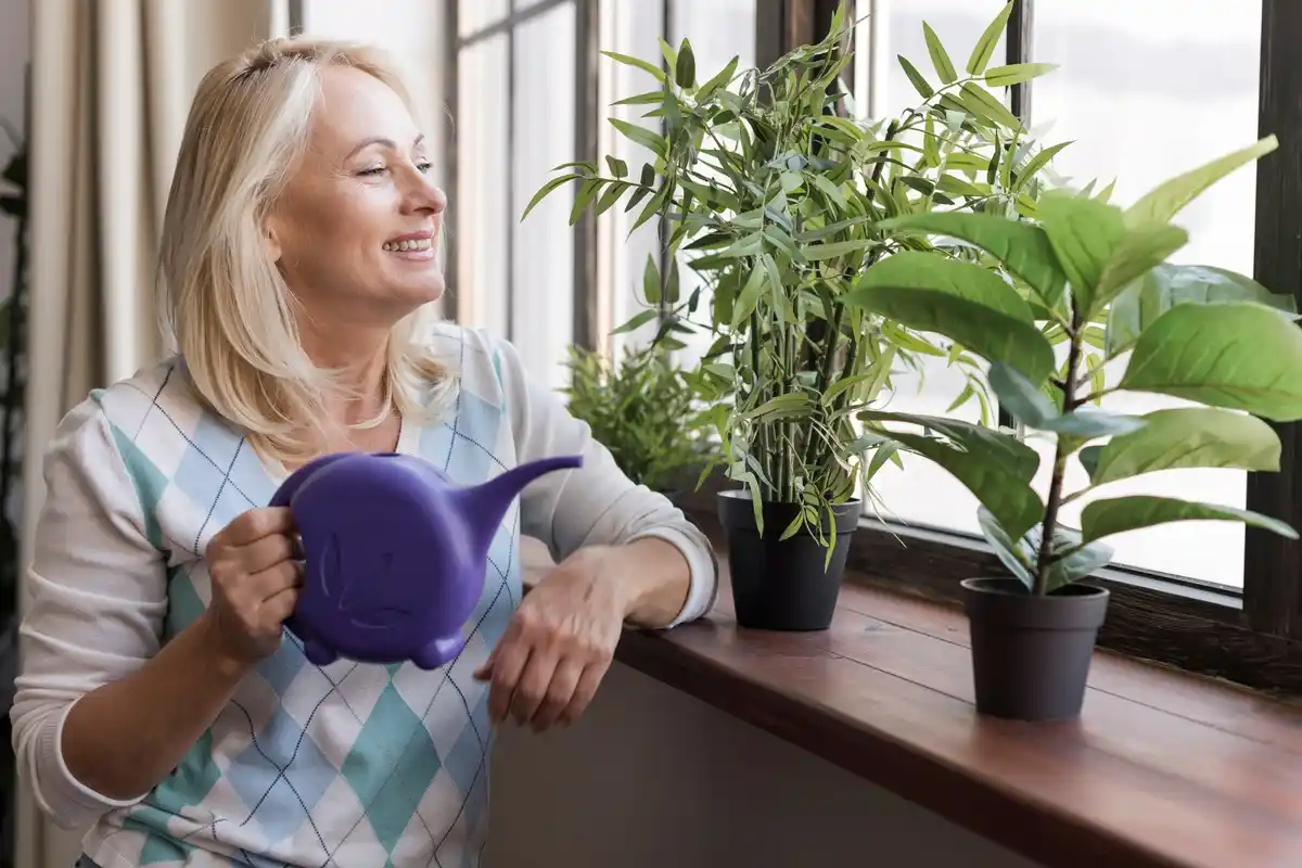 senior enjoying low maintenance Czech garden