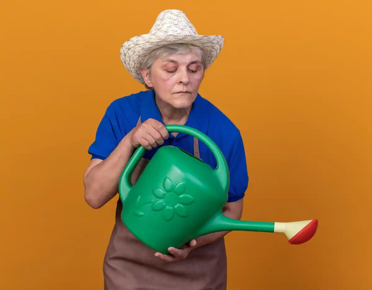 elderly gardening liquid fertilizer application