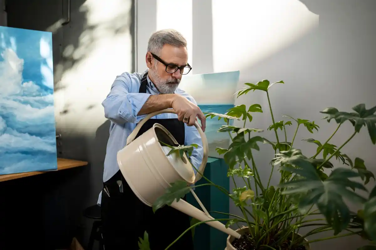 indoor plants in senior's hands czech home