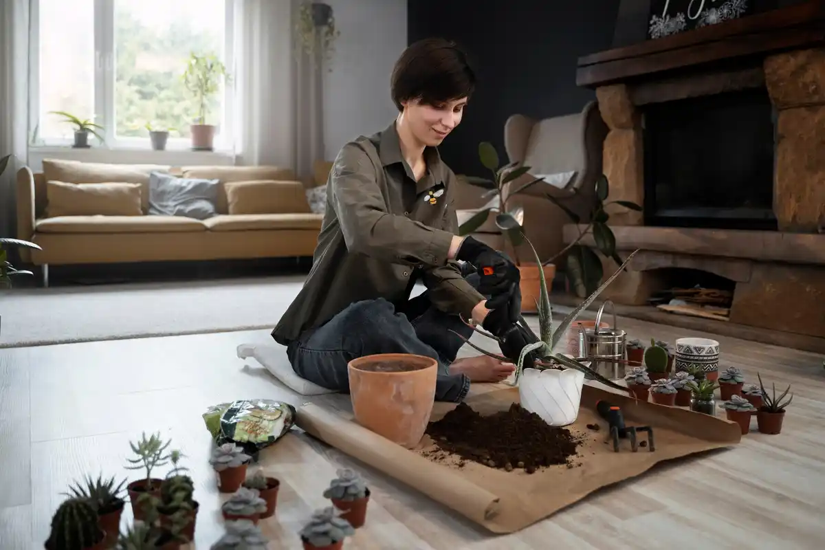 repotting houseplants in winter Czech home