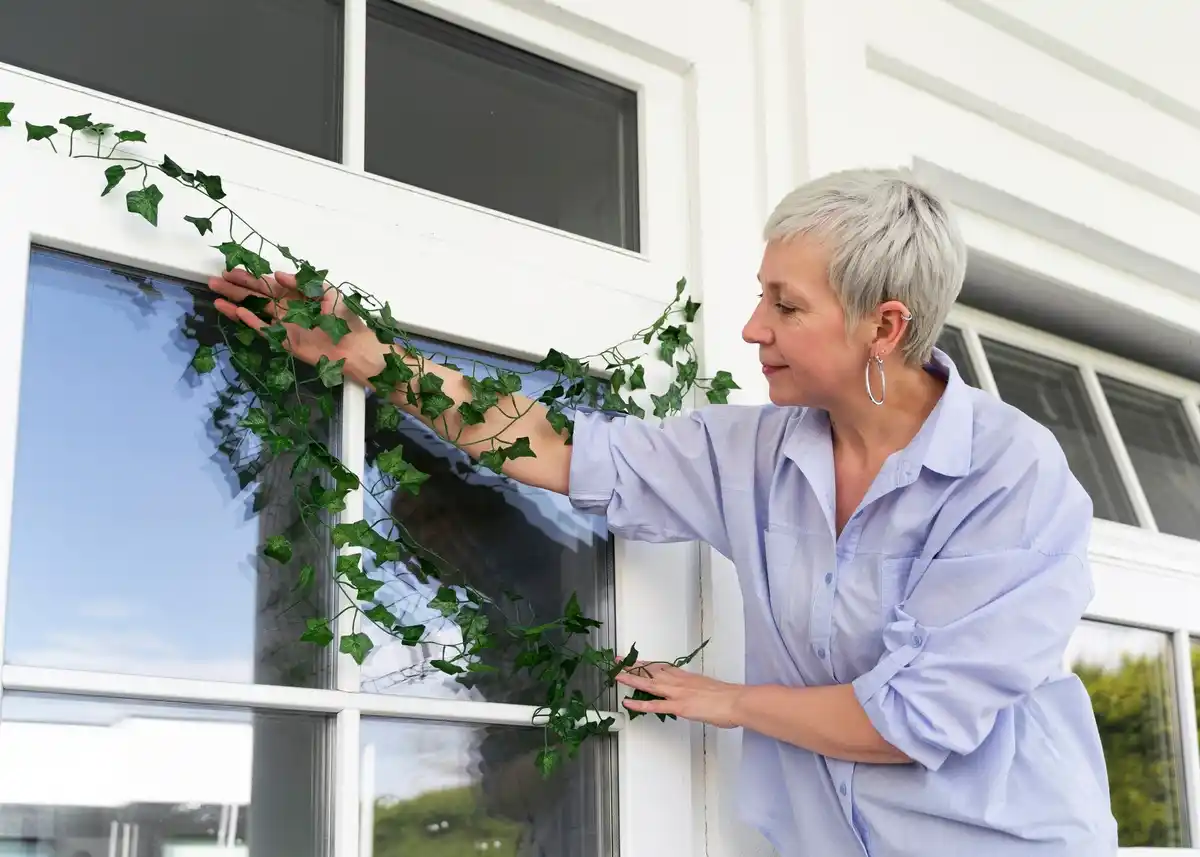 elderly woman watering indoor succulent plants sunny window Czech home