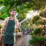 czech gardener watering young tree park