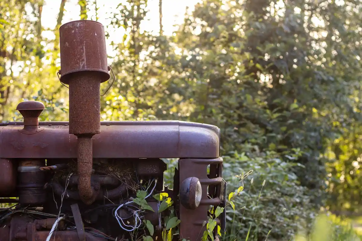 detail of rusty garden equipment in wet cold environment
