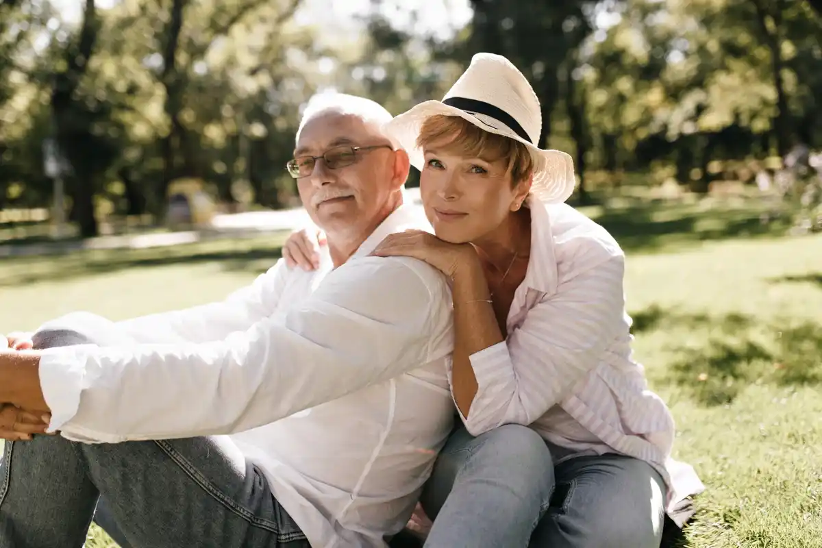 retired czech couple beautiful lawn summer garden