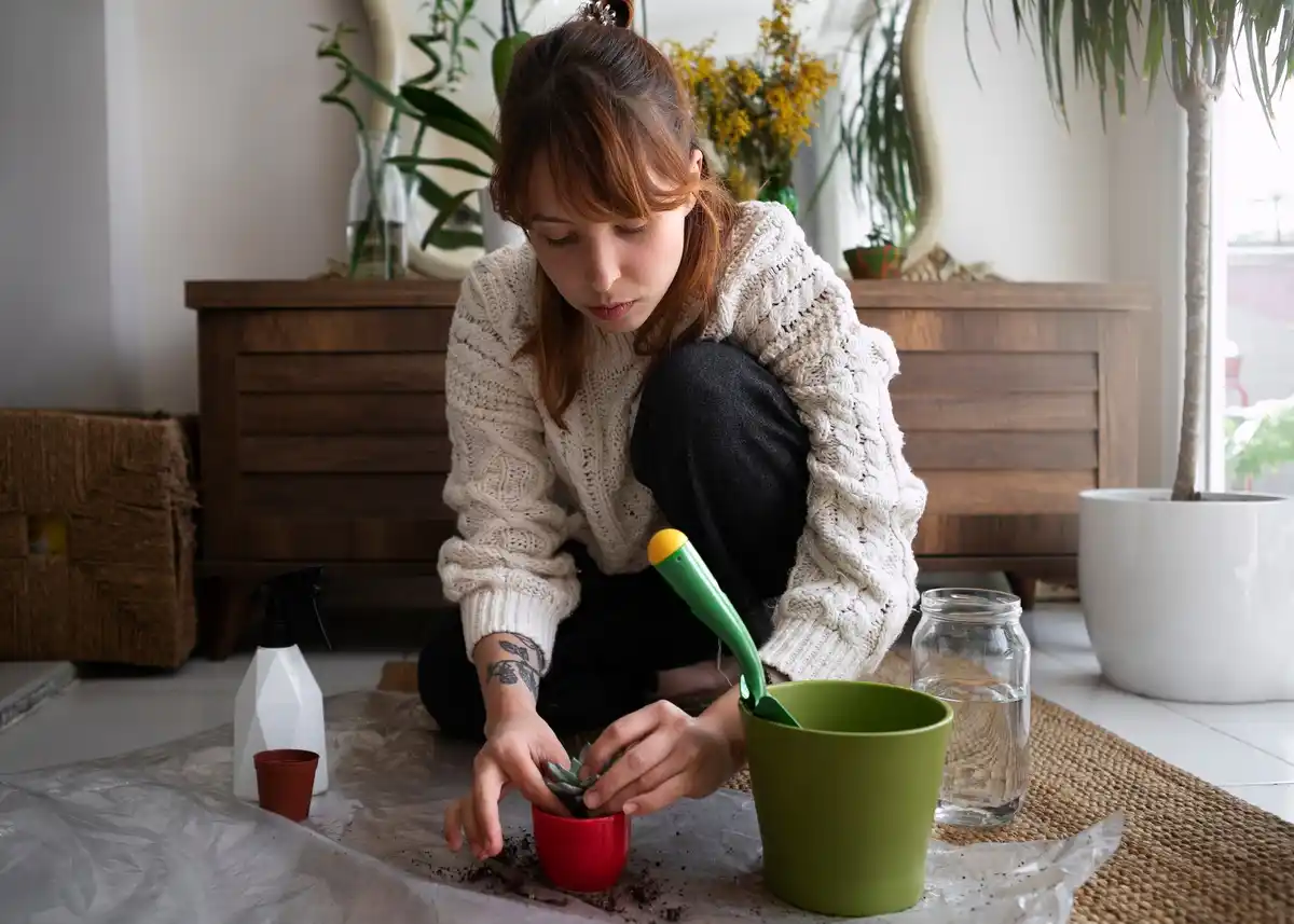 pouring nettle infusion on tomato plants Czech balcony