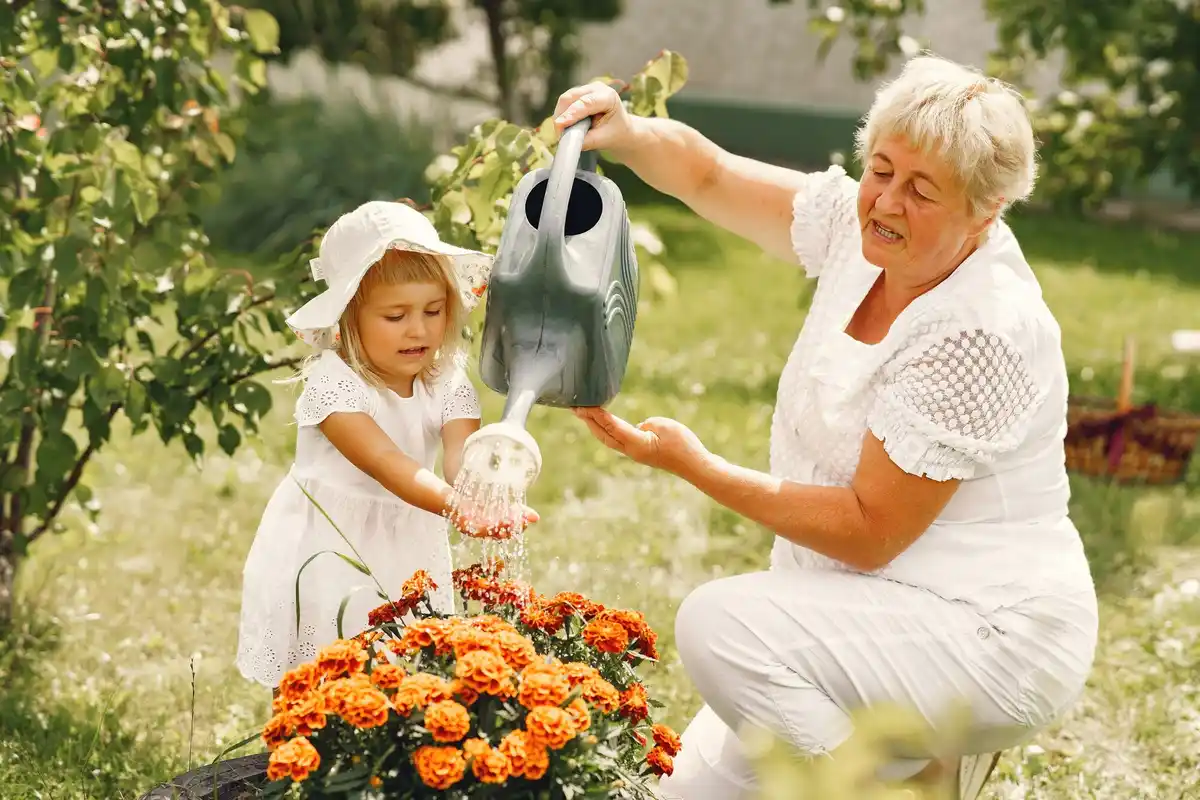 elderly woman making garden spray Czech village